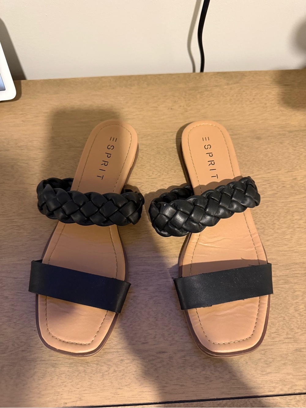 Esprit Black Braided Double-Strap Slide Sandals